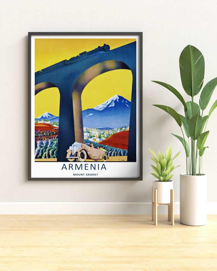 Saturated warm-toned art print celebrating Armenian geography with a sharp perspective of a historic railway viaduct facing Mount Ararat, displayed on a bedroom wall as a natural wood framed poster.