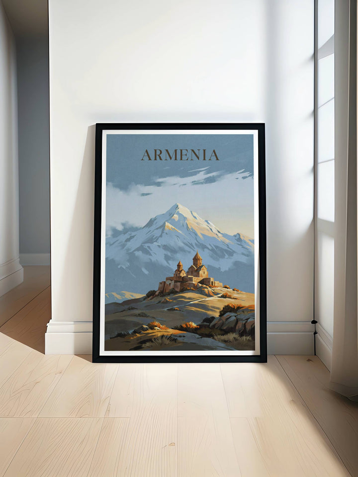 Vibrant yet muted art print celebrating Armenian heritage with a majestic mountain perspective of Mount Ararat behind Khor Virap Monastery, displayed on a living room wall as a natural wood framed poster.