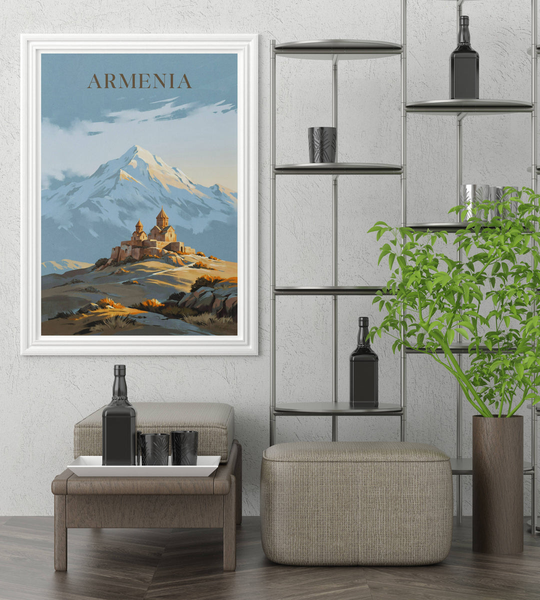 An evocative historic painting of Khor Virap Monastery in Armenia with elegant slate blue tones and snowy Mount Ararat peaks, available to purchase as a high-density canvas print or a bronze framed display.