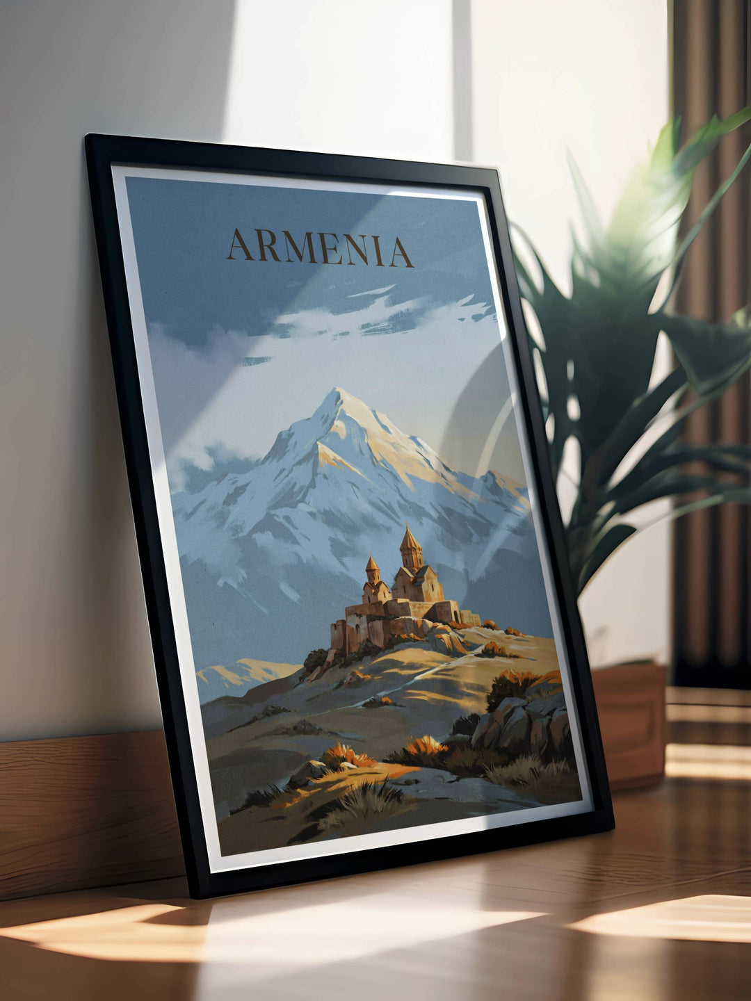 Artistic dawn rendering of classical Khor Virap Monastery architecture standing in front of the giant, glacier-capped Mount Ararat, acting as stunning wall decor available in sleek grey frames.