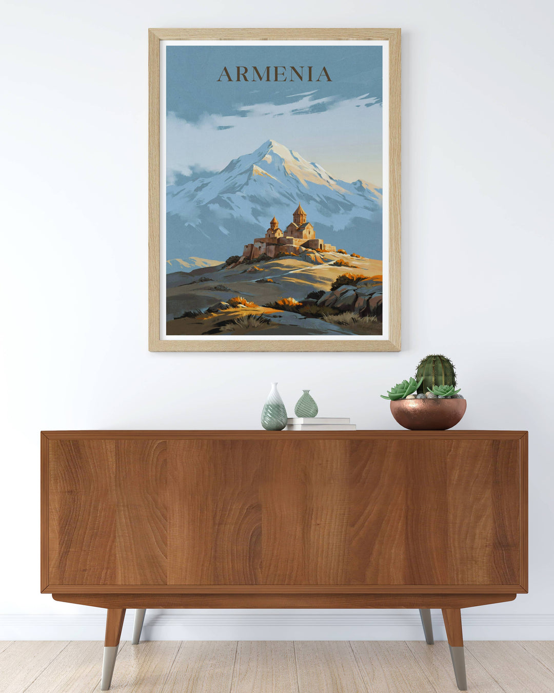 Clean painterly illustration focusing on the stone domes of Khor Virap Monastery with the dramatic, massive silhouette of Mount Ararat in the background, creating a gorgeous display ideal for home styling.
