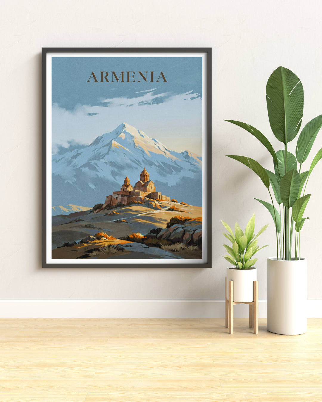 Fine art poster print honoring Armenian culture with a soft hillside view of Khor Virap Monastery and the towering summit of Mount Ararat, supplied by MapYourDreams in a canvas layout or premium silver frames.