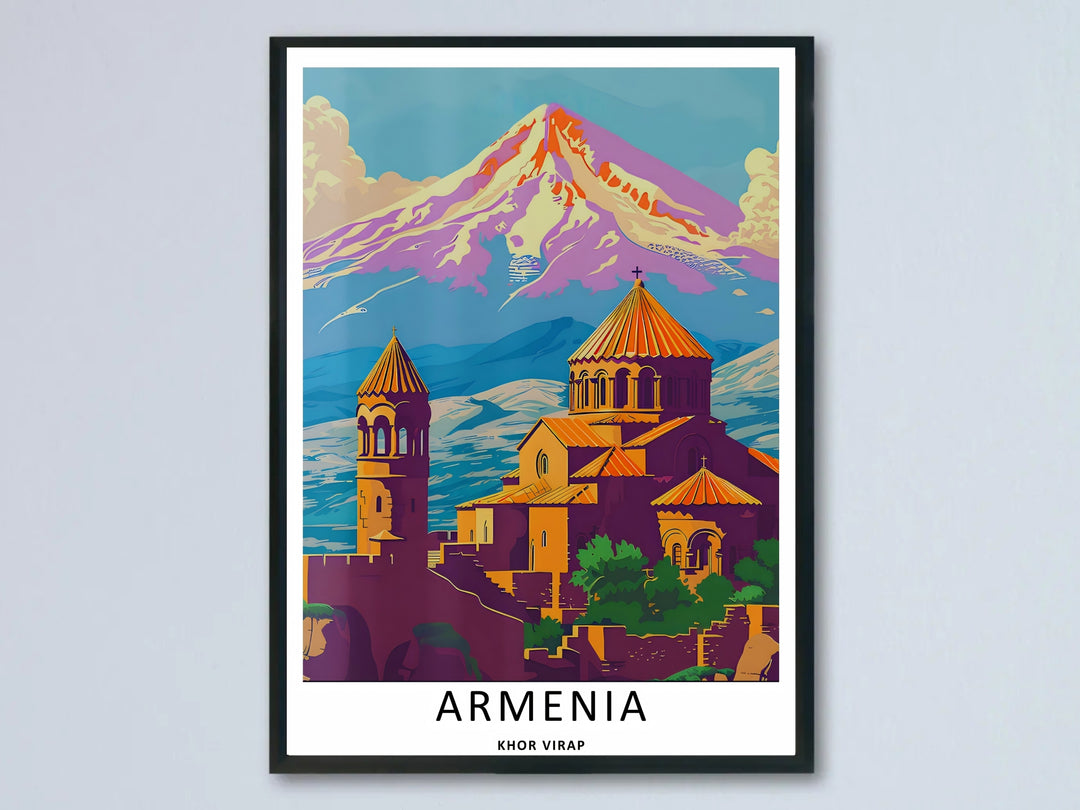 A vibrant, colorful travel poster of Khor Virap monastery in Armenia with Mount Ararat in the background, shown as a beautifully framed poster accentuating modern living room wall decor.