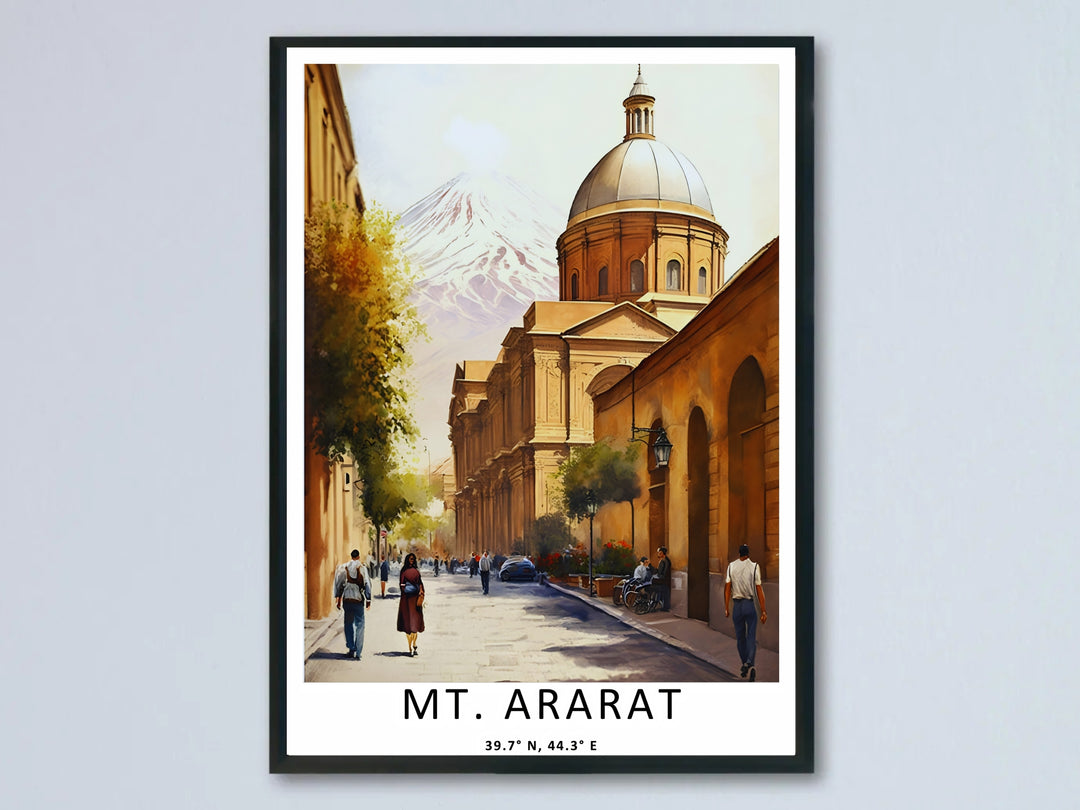 An elegant impressionistic artwork of a golden Yerevan street scene from MapYourDreams, featuring a grand architectural dome with the snowy peak of Mt. Ararat towering majestically in the background as a framed poster.