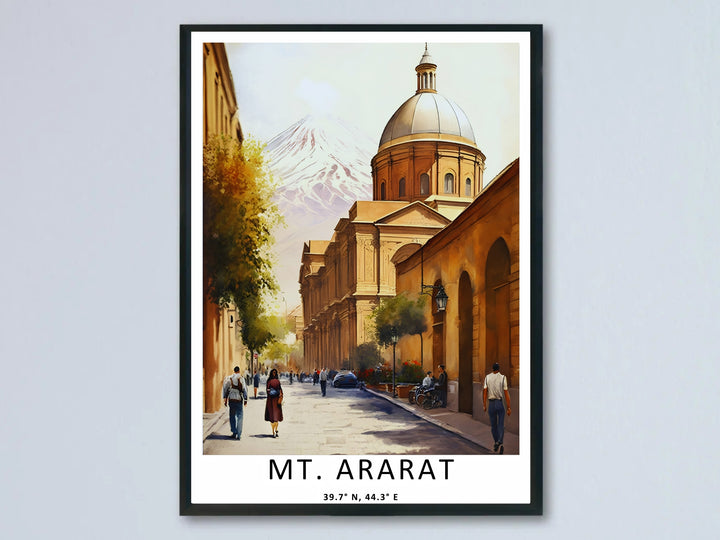 An elegant impressionistic artwork of a golden Yerevan street scene from MapYourDreams, featuring a grand architectural dome with the snowy peak of Mt. Ararat towering majestically in the background as a framed poster.