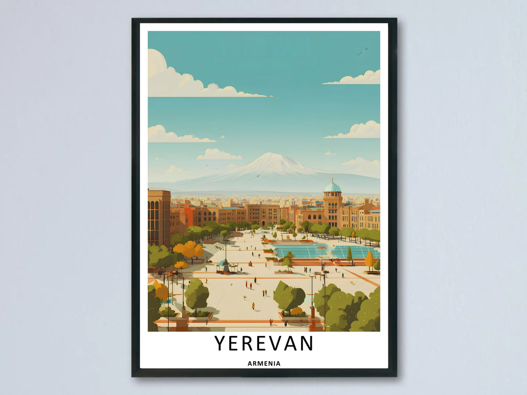A beautiful flat illustration travel poster of Yerevan Republic Square from MapYourDreams, showing pink tufa buildings and a distant Mount Ararat under a pastel sky as a framed print.
