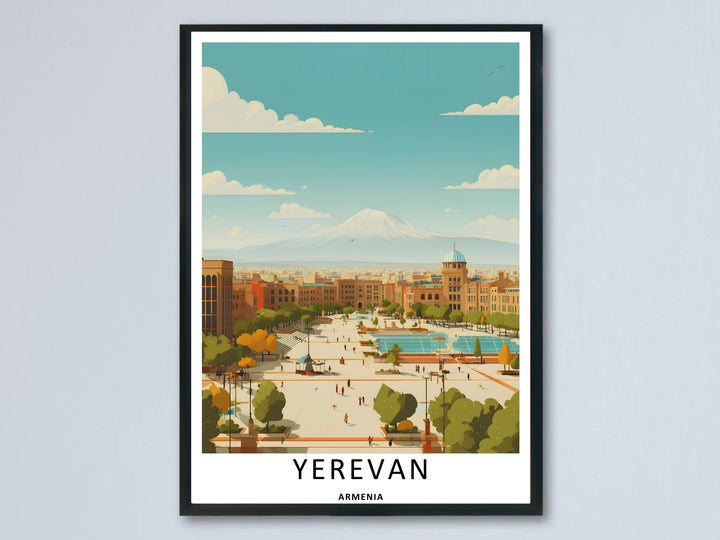 A beautiful flat illustration travel poster of Yerevan Republic Square from MapYourDreams, showing pink tufa buildings and a distant Mount Ararat under a pastel sky as a framed print.