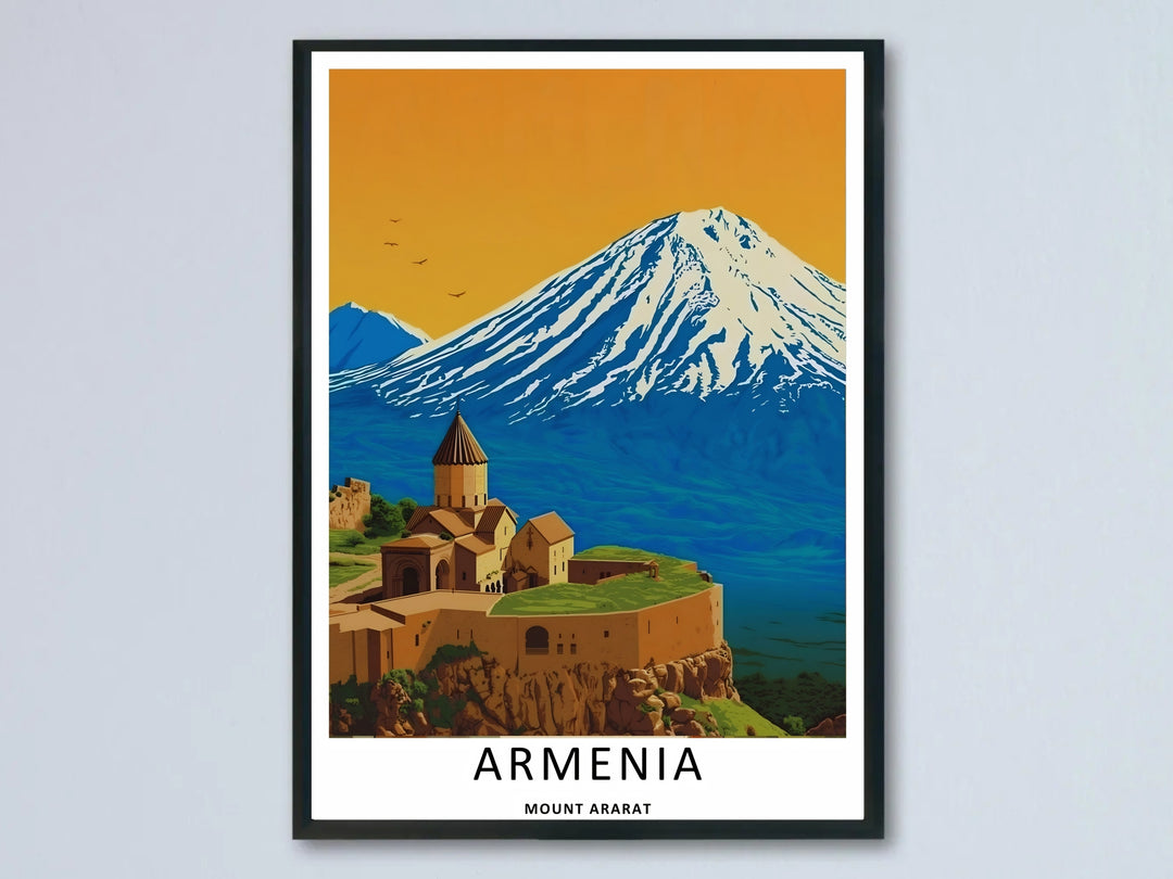 A bold graphic art print by MapYourDreams showcasing Khor Virap Monastery on its rocky hill with a massive, snow-draped Mount Ararat under an orange sky, styled perfectly as a framed poster.