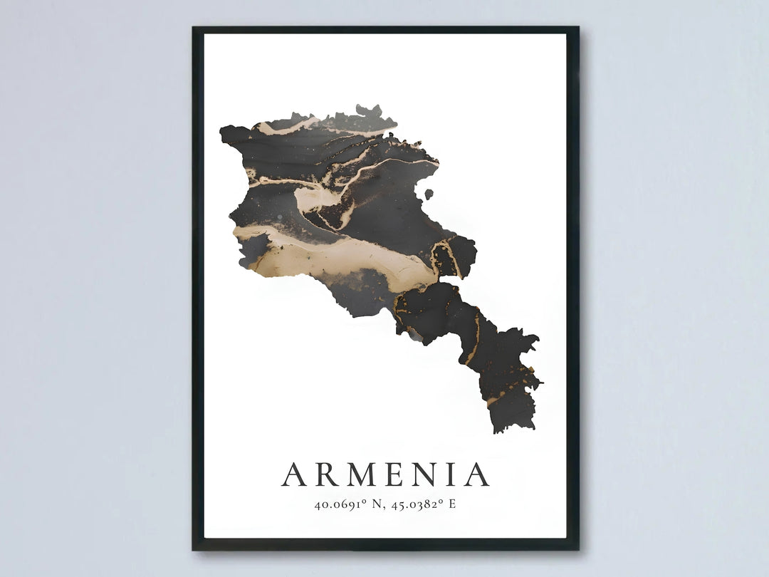 A striking minimalist Armenia map travel poster from MapYourDreams showcasing a luxurious black and gold fluid alcohol ink texture silhouette. This elegant poster print makes exceptional framed wall decor.