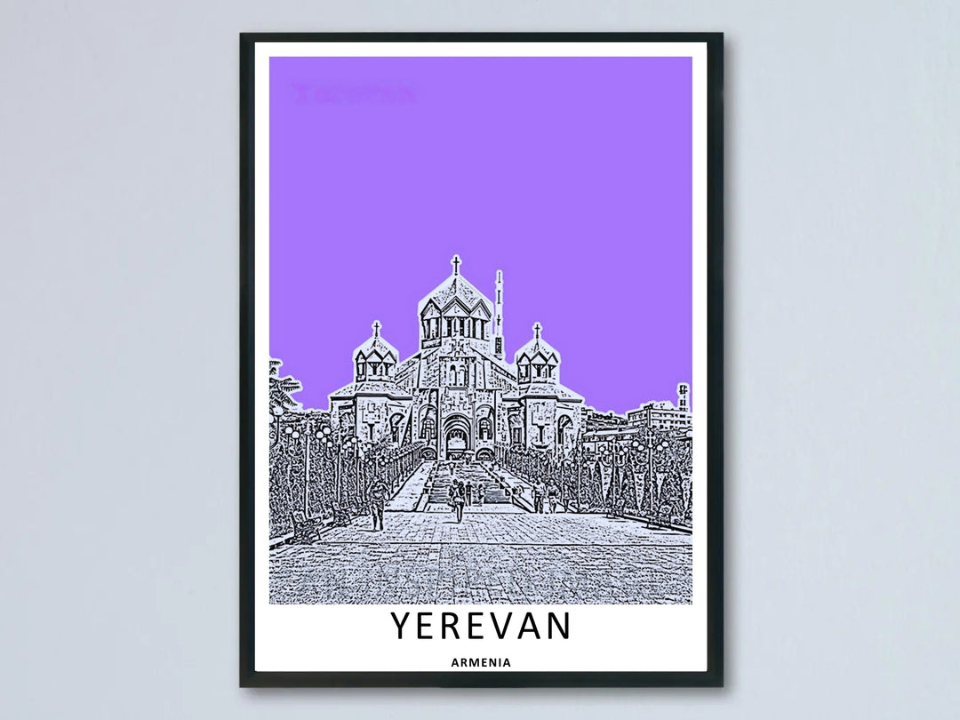 A modern graphic art print by MapYourDreams showcasing Saint Gregory the Illuminator Cathedral in Yerevan with a black and white sketch style over an electric purple sky background as a framed poster.