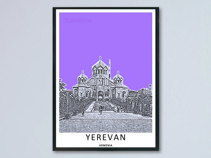 A modern graphic art print by MapYourDreams showcasing Saint Gregory the Illuminator Cathedral in Yerevan with a black and white sketch style over an electric purple sky background as a framed poster.