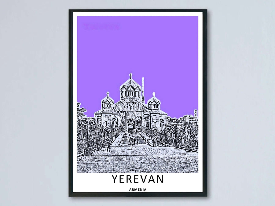 A modern graphic art print by MapYourDreams showcasing Saint Gregory the Illuminator Cathedral in Yerevan with a black and white sketch style over an electric purple sky background as a framed poster.
