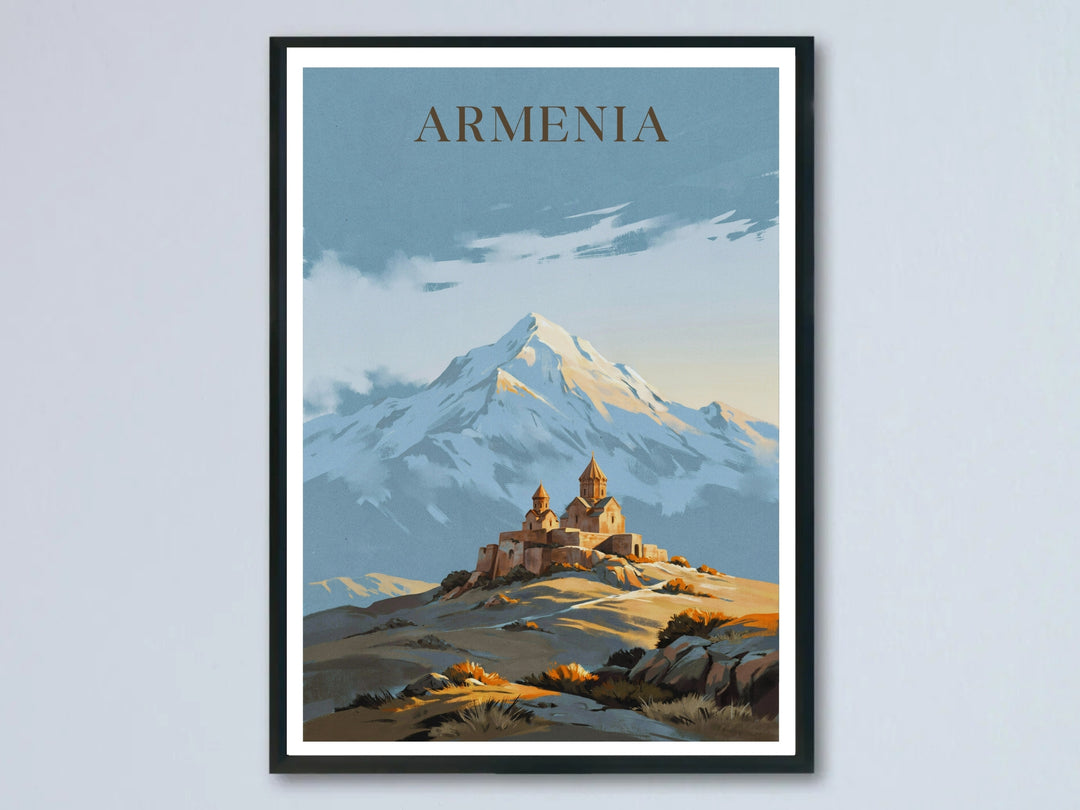 An elegant painterly landscape poster of Khor Virap Monastery from MapYourDreams, featuring a grand stone church below the massive, snow-covered peak of Mount Ararat under a soft sky as a framed print.