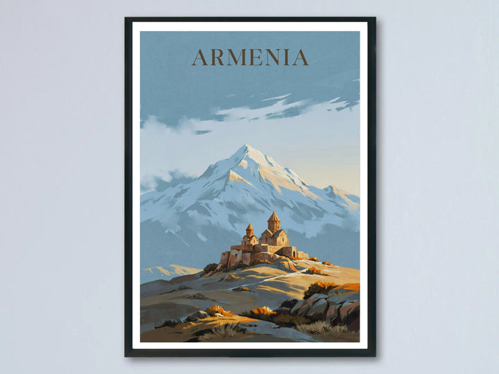 An elegant painterly landscape poster of Khor Virap Monastery from MapYourDreams, featuring a grand stone church below the massive, snow-covered peak of Mount Ararat under a soft sky as a framed print.