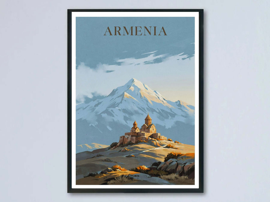 An elegant painterly landscape poster of Khor Virap Monastery from MapYourDreams, featuring a grand stone church below the massive, snow-covered peak of Mount Ararat under a soft sky as a framed print.