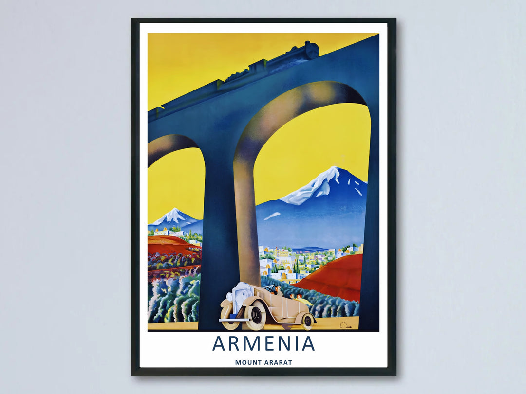 Captivating locomotive and mountain panorama print of Armenia featuring the legendary presence of Mount Ararat beyond a stone bridge, making for a timeless canvas print or a pure gold framed art piece.