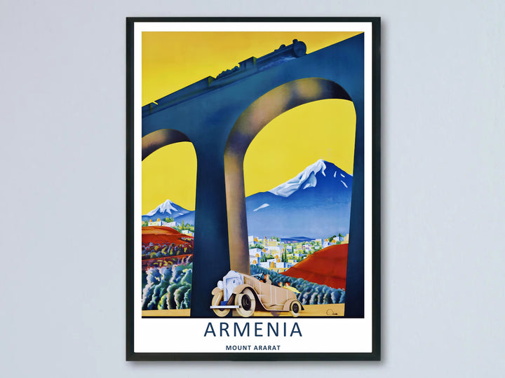 Captivating locomotive and mountain panorama print of Armenia featuring the legendary presence of Mount Ararat beyond a stone bridge, making for a timeless canvas print or a pure gold framed art piece.