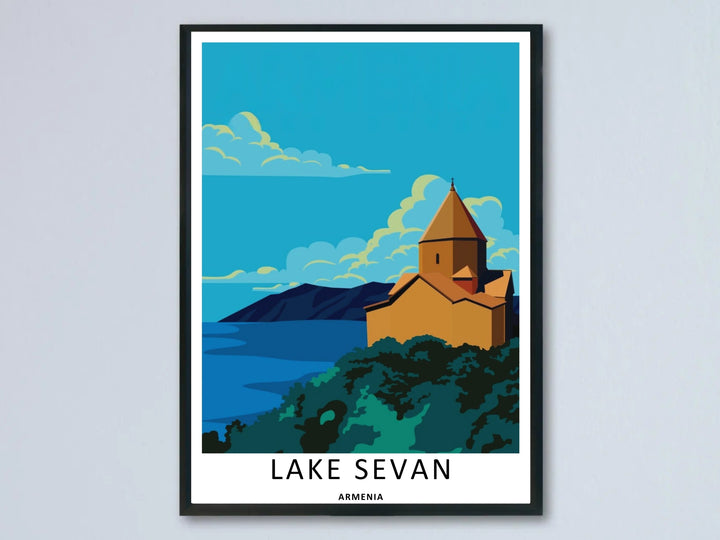 An elegant minimalist vector artwork of Lake Sevan from MapYourDreams, showcasing the historic Sevanavank Monastery standing proudly on a green hill overlooking a calm blue lake as a framed poster.