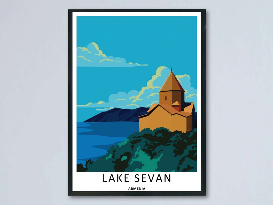 An elegant minimalist vector artwork of Lake Sevan from MapYourDreams, showcasing the historic Sevanavank Monastery standing proudly on a green hill overlooking a calm blue lake as a framed poster.