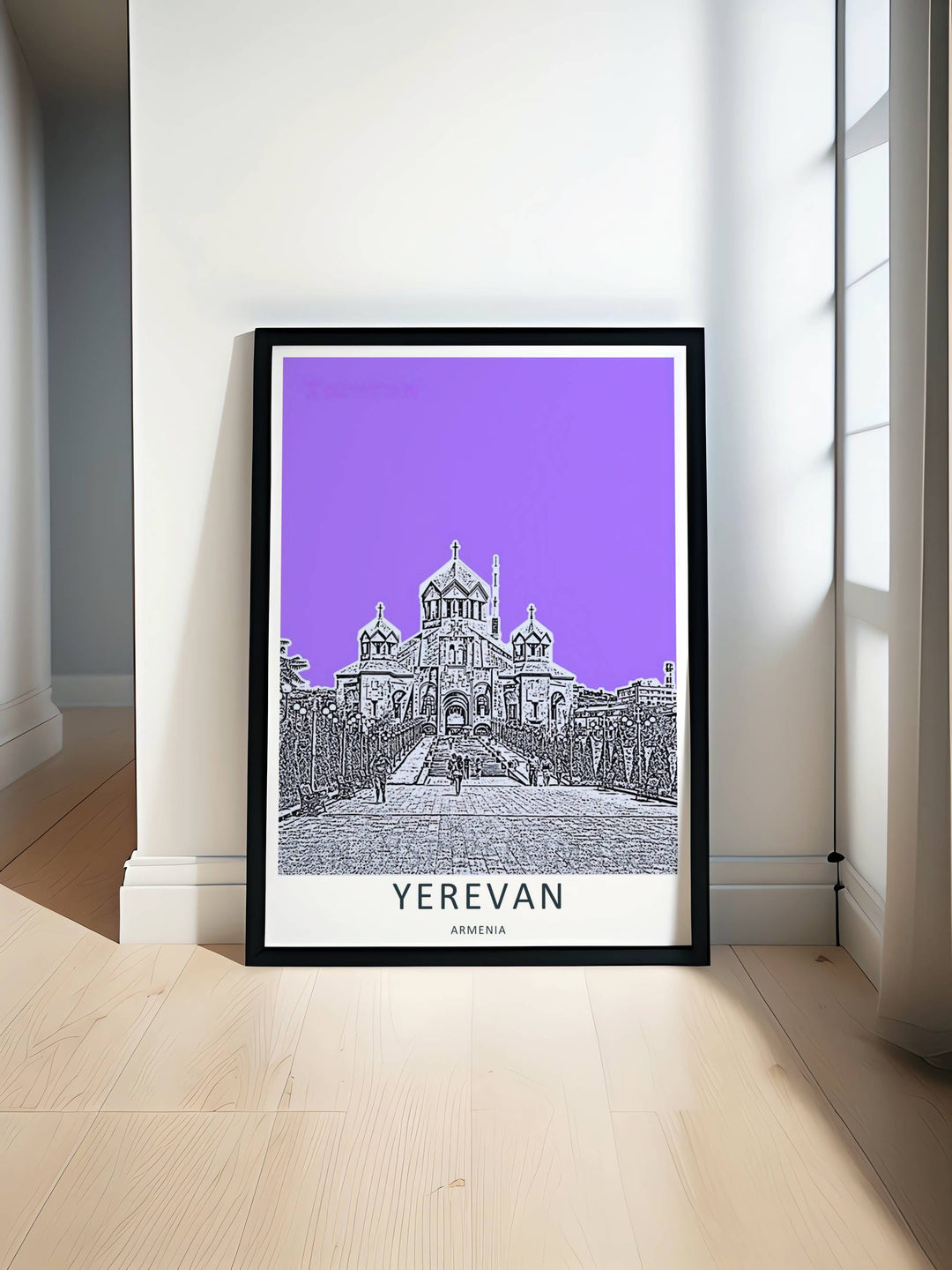 Modern sketch rendering of the iconic steps and domes of Saint Gregory the Illuminator Cathedral, acting as stunning Yerevan wall decor available to order in sleek finished grey frames.