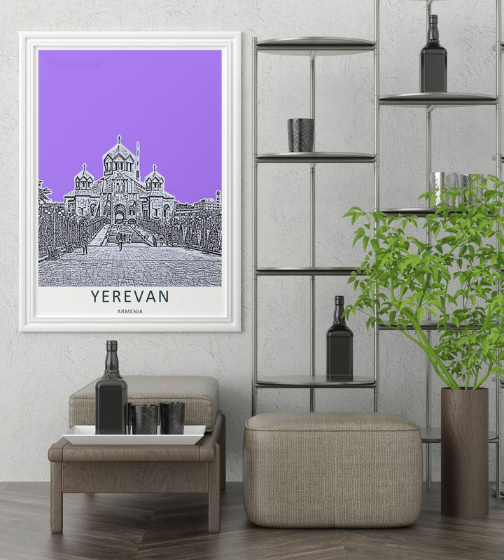 Richly detailed sketch line wall decor showing the majestic facade of Saint Gregory the Illuminator Cathedral in Yerevan, presented inside a striking black frame to elevate modern apartment styling.