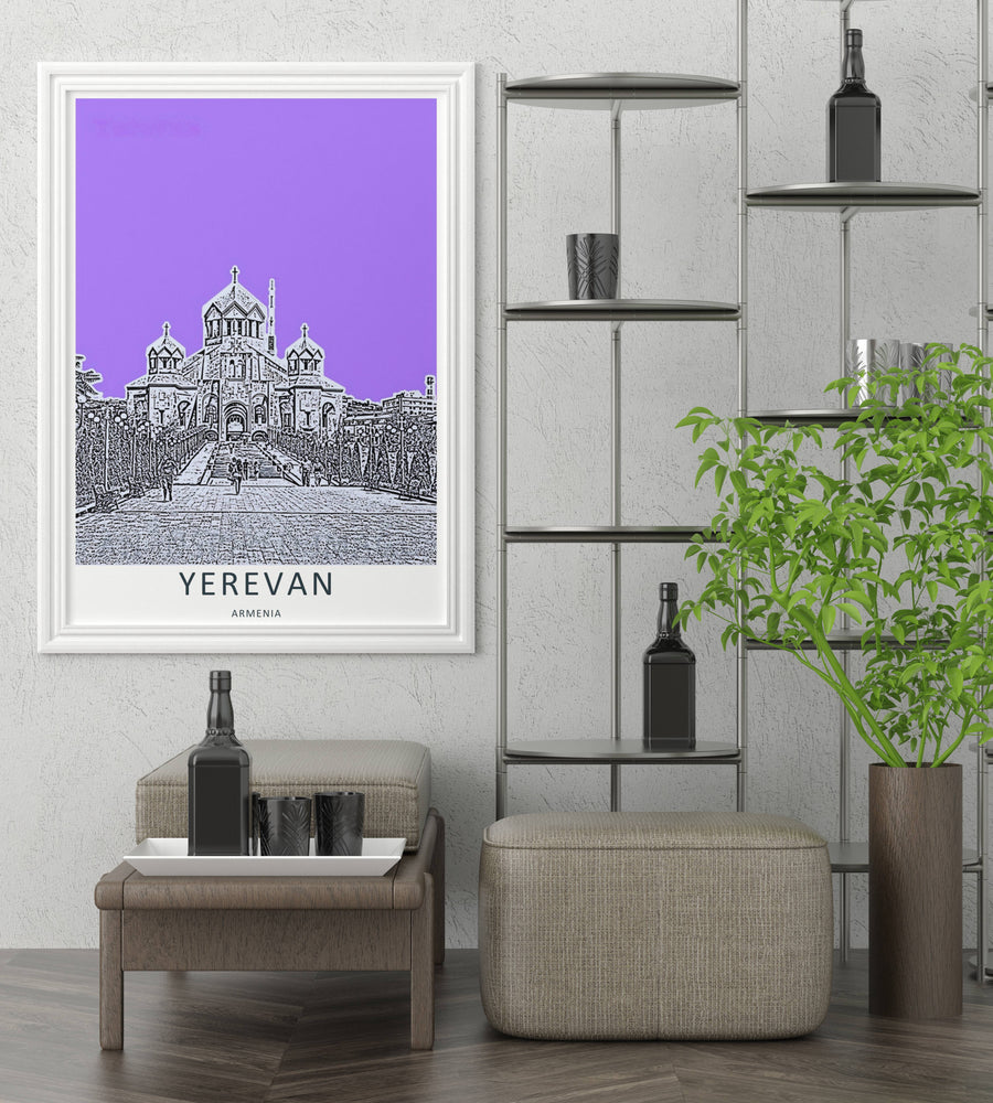 Richly detailed sketch line wall decor showing the majestic facade of Saint Gregory the Illuminator Cathedral in Yerevan, presented inside a striking black frame to elevate modern apartment styling.