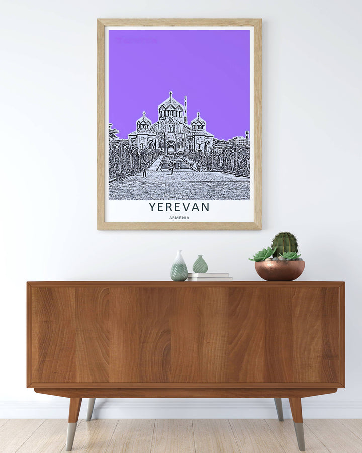 Fine art print honoring Armenian city heritage with a vivid linework overview of Saint Gregory the Illuminator Cathedral, supplied by MapYourDreams in a canvas layout or premium silver frames.