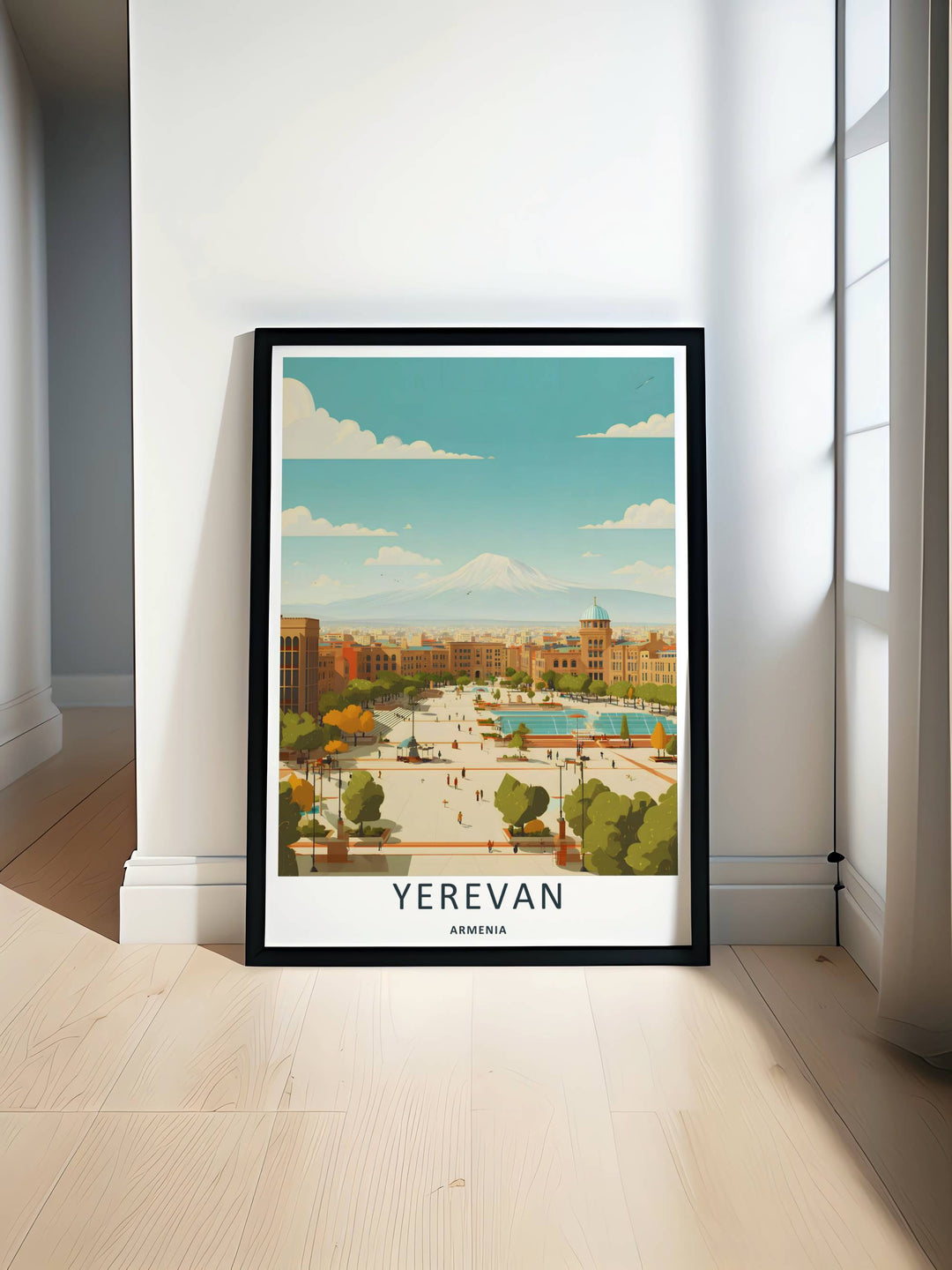 Modern graphic rendering of the historic city layout of Yerevan Republic Square leading back to the giant peak of Mount Ararat, acting as wall decor available in sleek grey frames.