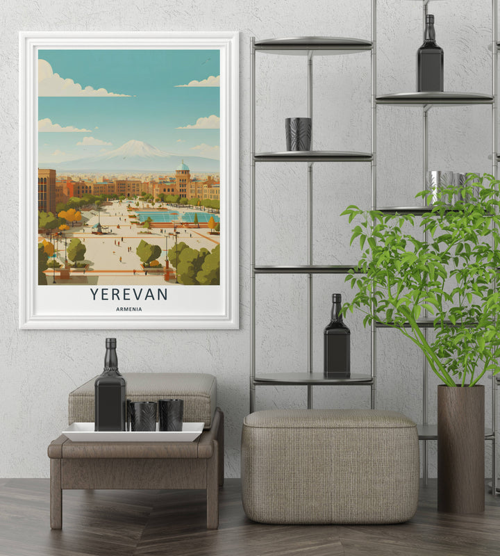 Pastel-toned graphic print of the architectural stone buildings and fountains at Yerevan Republic Square below the snowline of Mount Ararat, perfect as an un-matted standalone print.
