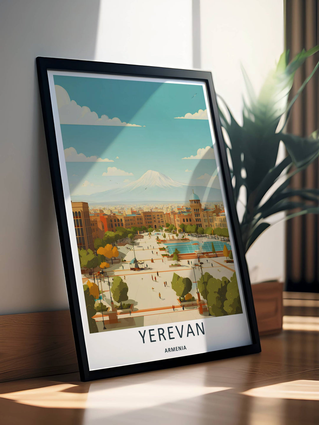 Clean city square illustration focusing on the stone arches of the government buildings around Republic Square in Yerevan, creating a gorgeous display ideal for an entryway gallery wall.