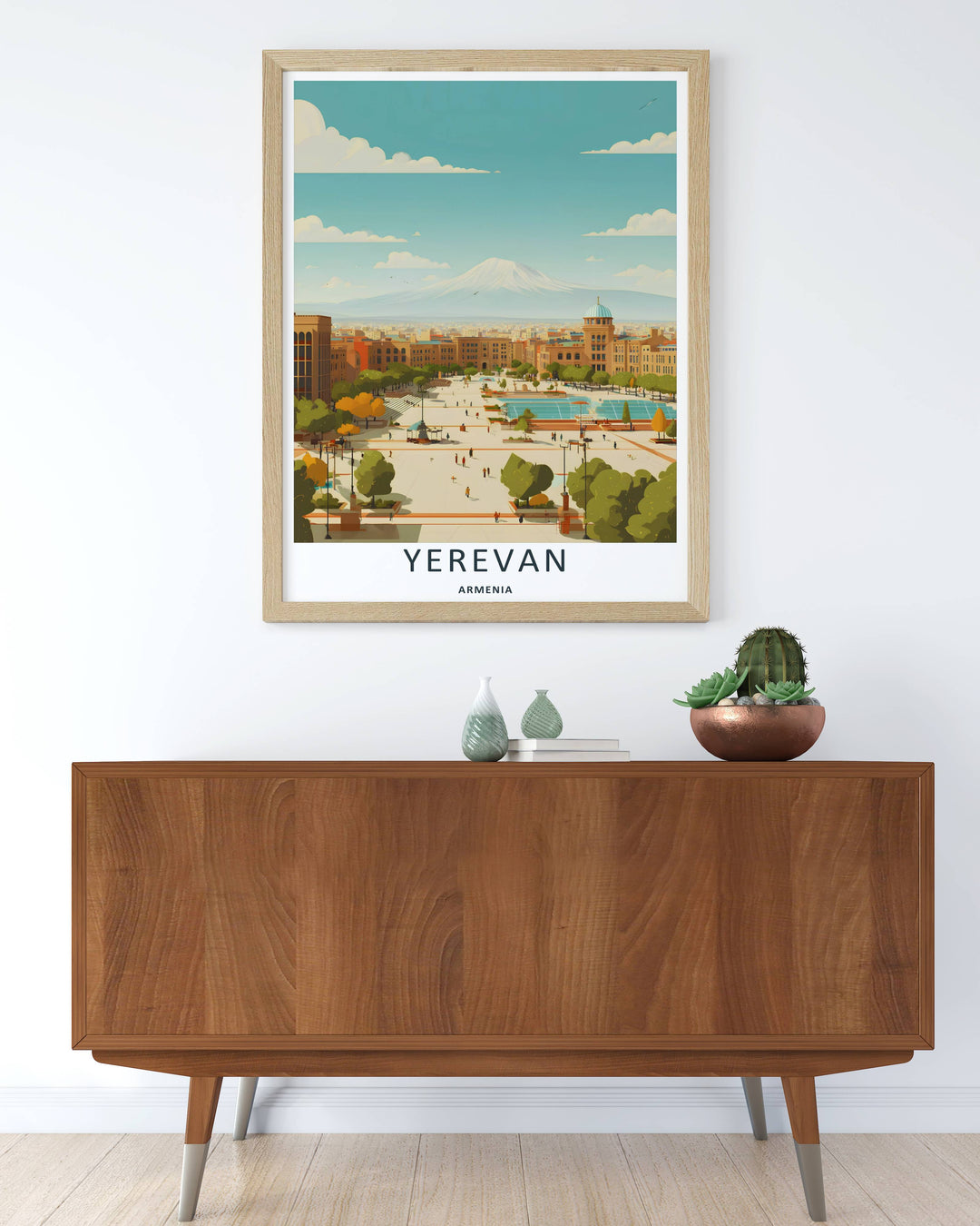 Fine art print honoring Armenian heritage with a vivid overview of Yerevan Republic Square and the towering summit of Mount Ararat, supplied by MapYourDreams in a canvas layout or silver frames.