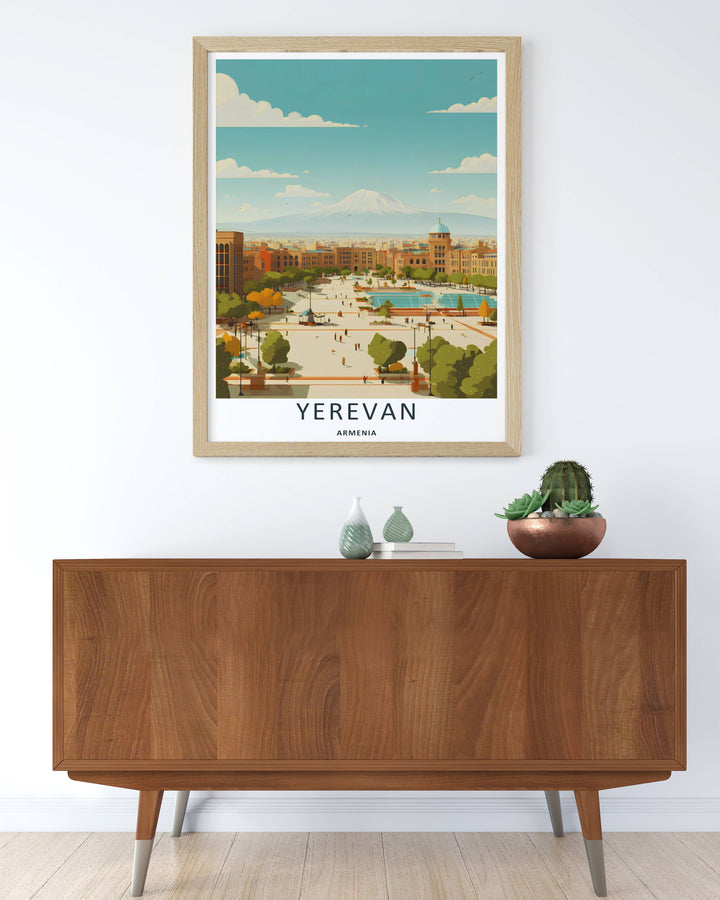 Fine art print honoring Armenian heritage with a vivid overview of Yerevan Republic Square and the towering summit of Mount Ararat, supplied by MapYourDreams in a canvas layout or silver frames.