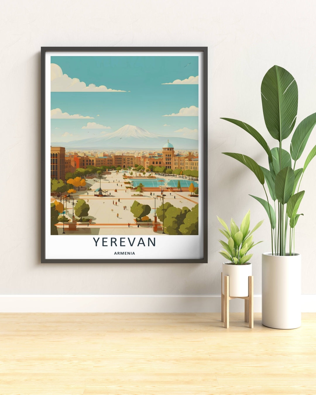 Minimalistic yet detailed scenic design depicting the landmark location of Republic Square in central Yerevan, offered as a canvas print or styled inside an elegant retro white frame.