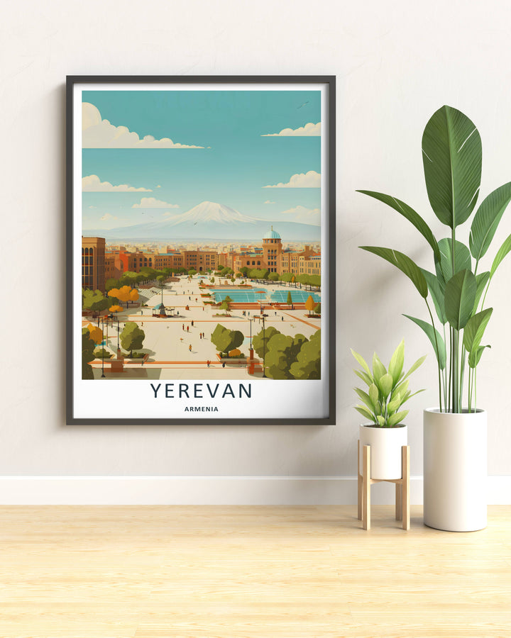 Minimalistic yet detailed scenic design depicting the landmark location of Republic Square in central Yerevan, offered as a canvas print or styled inside an elegant retro white frame.