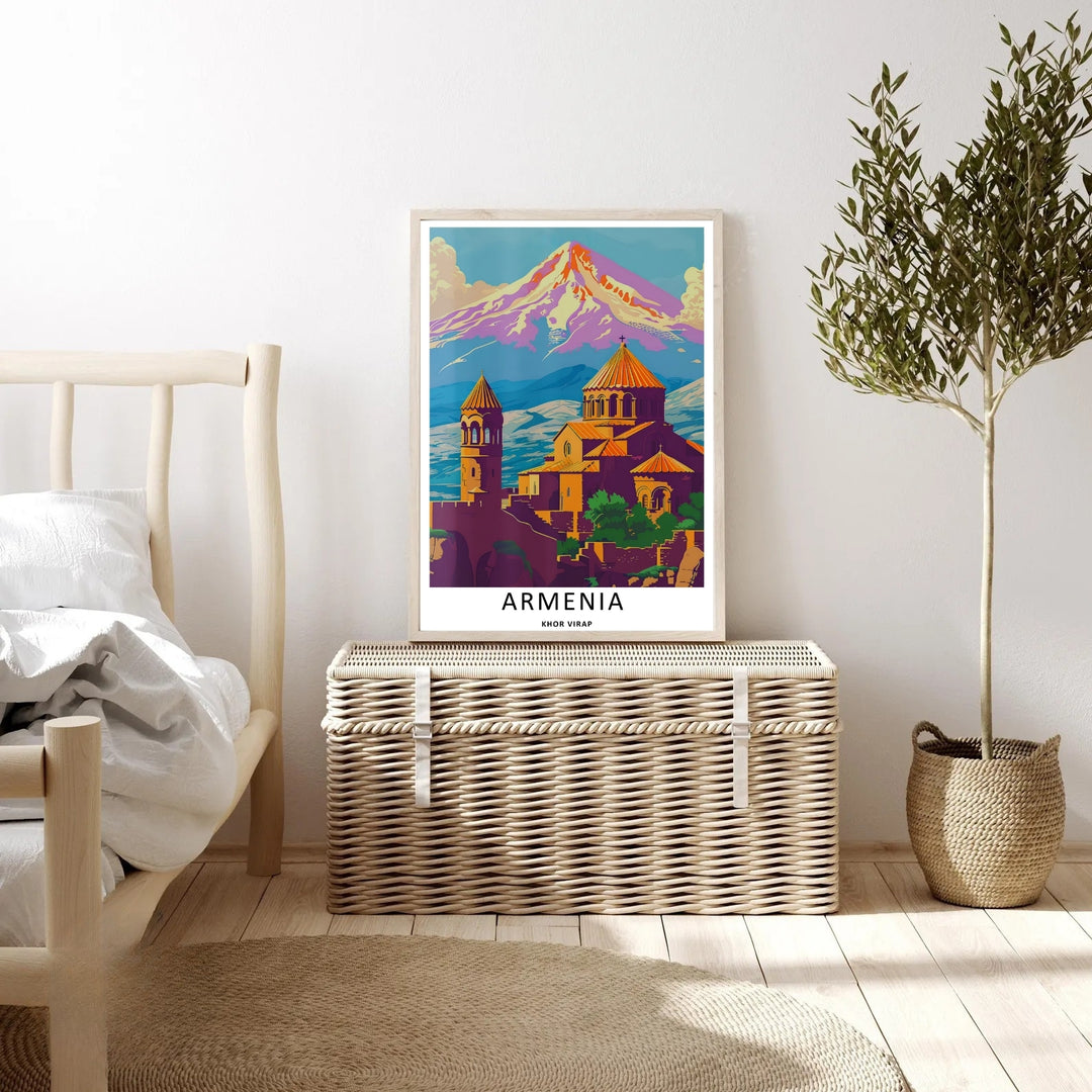 Vibrant contemporary art capturing the scenic architecture of Khor Virap and the dramatic peak of Mount Ararat, displayed on a gallery wall as a wood framed poster piece.
