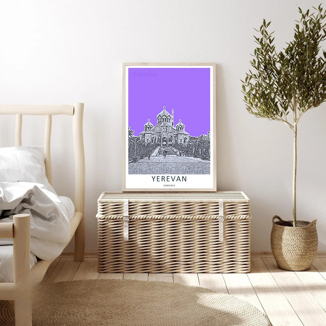 Saturated graphic artwork highlighting the bold contrast between a purple background sky and a detailed line drawing of Saint Gregory the Illuminator Cathedral, making this an ideal choice for office decor.