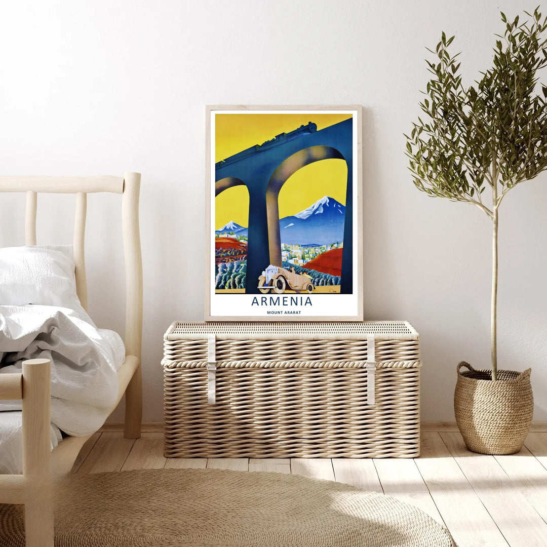 MapYourDreams heritage display showcasing a highly detailed geometric rendering of an antique car driving near the valley base of Mount Ararat, customizable as a canvas print or a retro black framed piece.