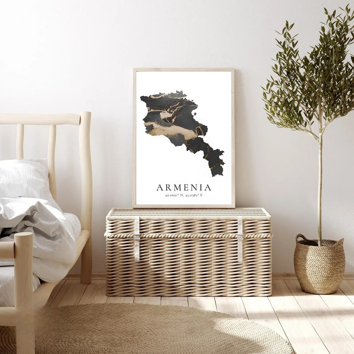 Contemporary abstract landscape and geography print focusing on a textured gold and black Armenia map, designed to bring a modern luxury vibe to your space as a premium canvas print or framed art.