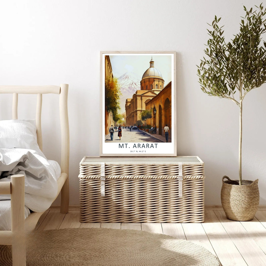 An evocative city and mountain landscape print of Mt. Ararat in Armenia with historic building facades, available to purchase as a high-density canvas print or a premium bronze framed display.
