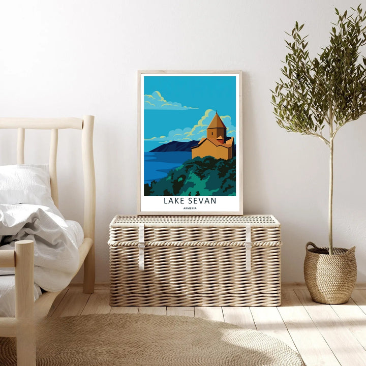 An evocative coastal and mountain print of Lake Sevan in Armenia with deep blue and rich orange block colors, available to purchase as a canvas print or a premium bronze framed display.