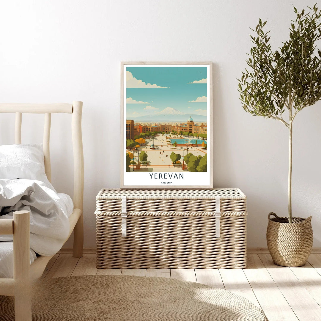 Richly detailed travel wall decor showing the open stone plaza of Republic Square in Yerevan with miniature walking figures, presented inside a striking black frame for clean living room styling.