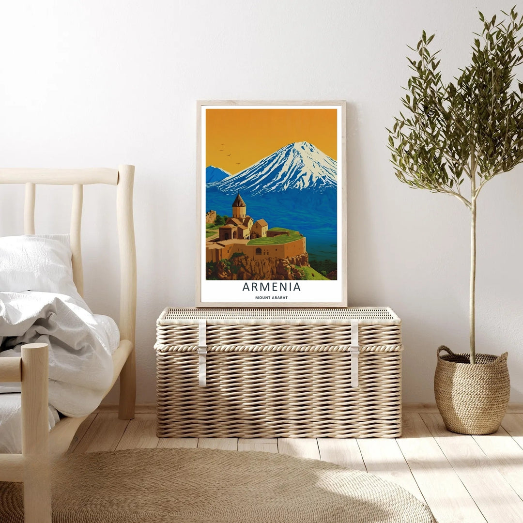 An evocative historical landscape print of Khor Virap Monastery in Armenia with deep blue and rich golden-orange block colors, available to purchase as a canvas print or a premium bronze framed display.