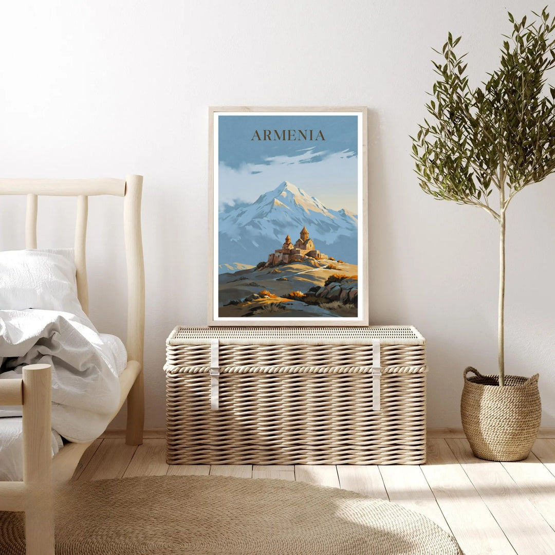 Nostalgic painterly design poster highlighting the historic settlement of Khor Virap Monastery with a misty, snow-capped Mount Ararat backdrop, making this an ideal choice for modern office wall decor.