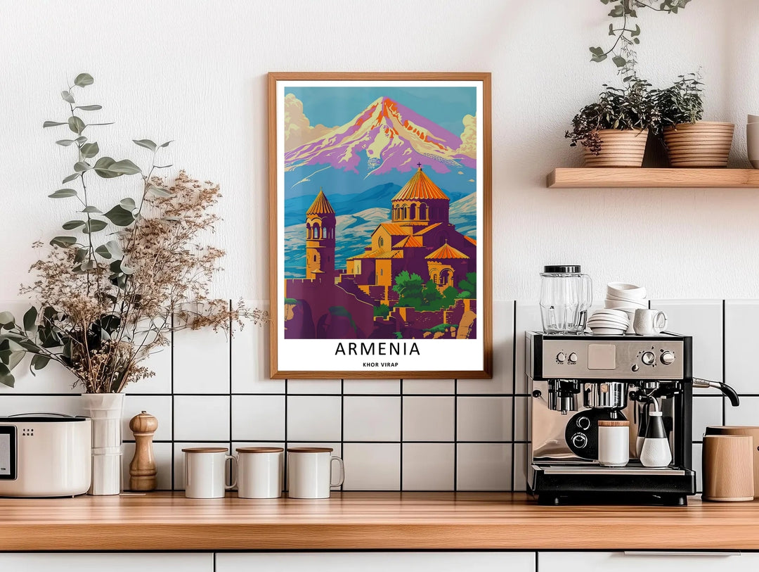 An evocative travel poster illustration of Khor Virap monastery in Armenia with a detailed Mount Ararat ridge, customizable as a textured canvas print or a retro black framed piece.