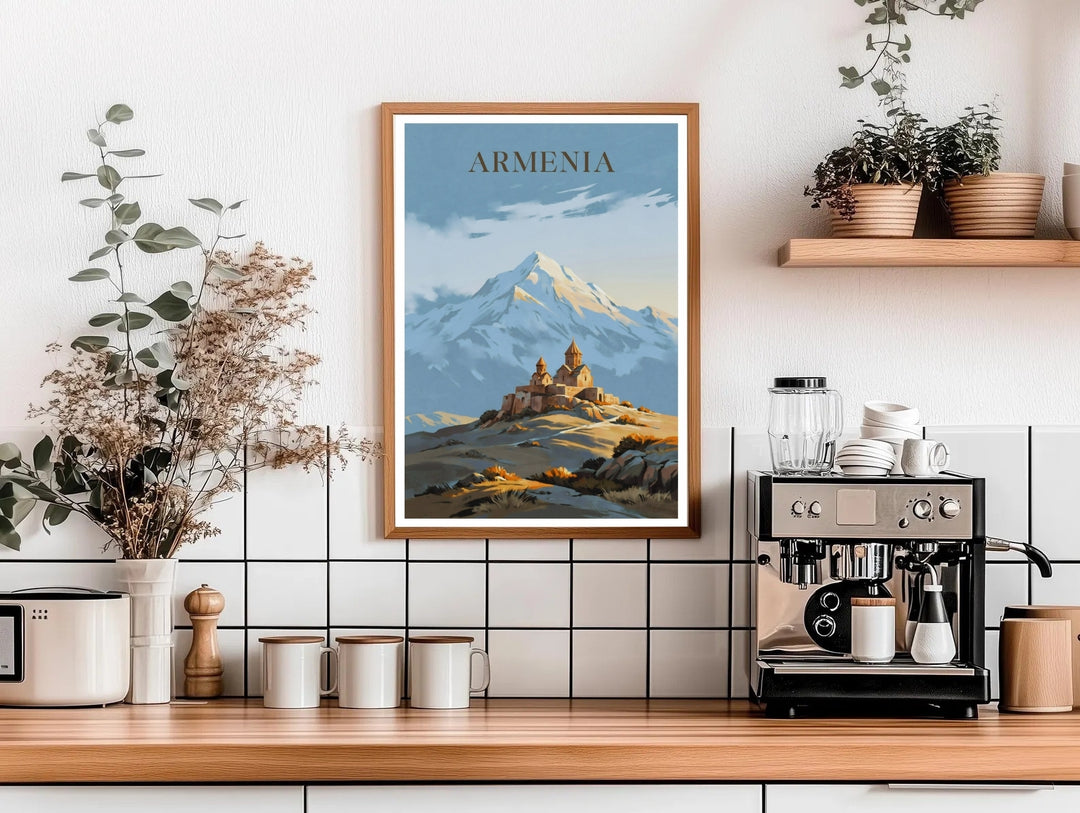 A premium fine art print capturing the sacred architectural silhouette of Khor Virap Monastery under a soft blue sky and the grand Mount Ararat peak, available as a canvas print or within white frames.