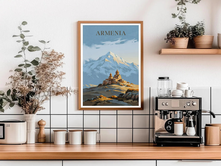 A premium fine art print capturing the sacred architectural silhouette of Khor Virap Monastery under a soft blue sky and the grand Mount Ararat peak, available as a canvas print or within white frames.