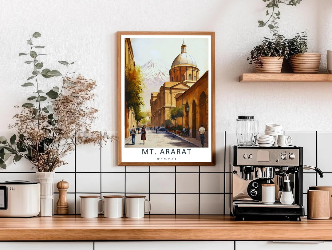 Artistic golden-hour rendering of classical Yerevan architecture leading toward the massive peak of Mt. Ararat, acting as stunning wall decor available in sleek grey frames or standalone unframed prints.