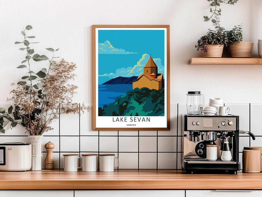 Modern graphic rendering of the historic Sevanavank Monastery leading down to the deep waters of Lake Sevan, acting as stunning wall decor available in sleek grey frames or standalone prints.