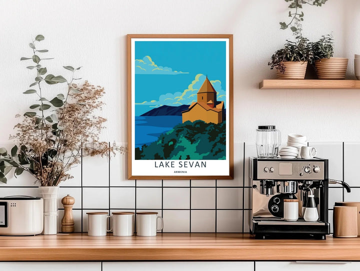 Modern graphic rendering of the historic Sevanavank Monastery leading down to the deep waters of Lake Sevan, acting as stunning wall decor available in sleek grey frames or standalone prints.