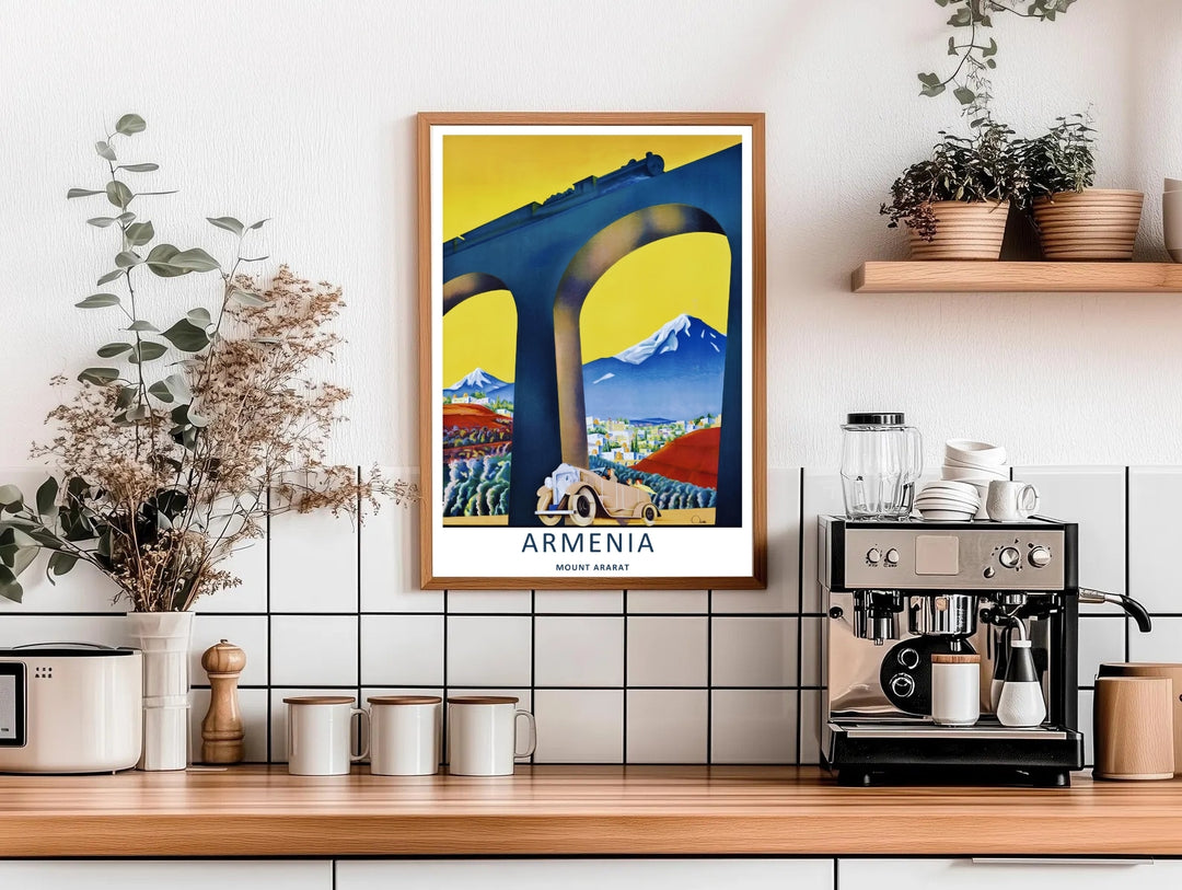 A premium fine art print capturing a historic train crossing a high viaduct bridge with Mount Ararat rising majestically in the distance, available as a canvas print or within timeless white frames.